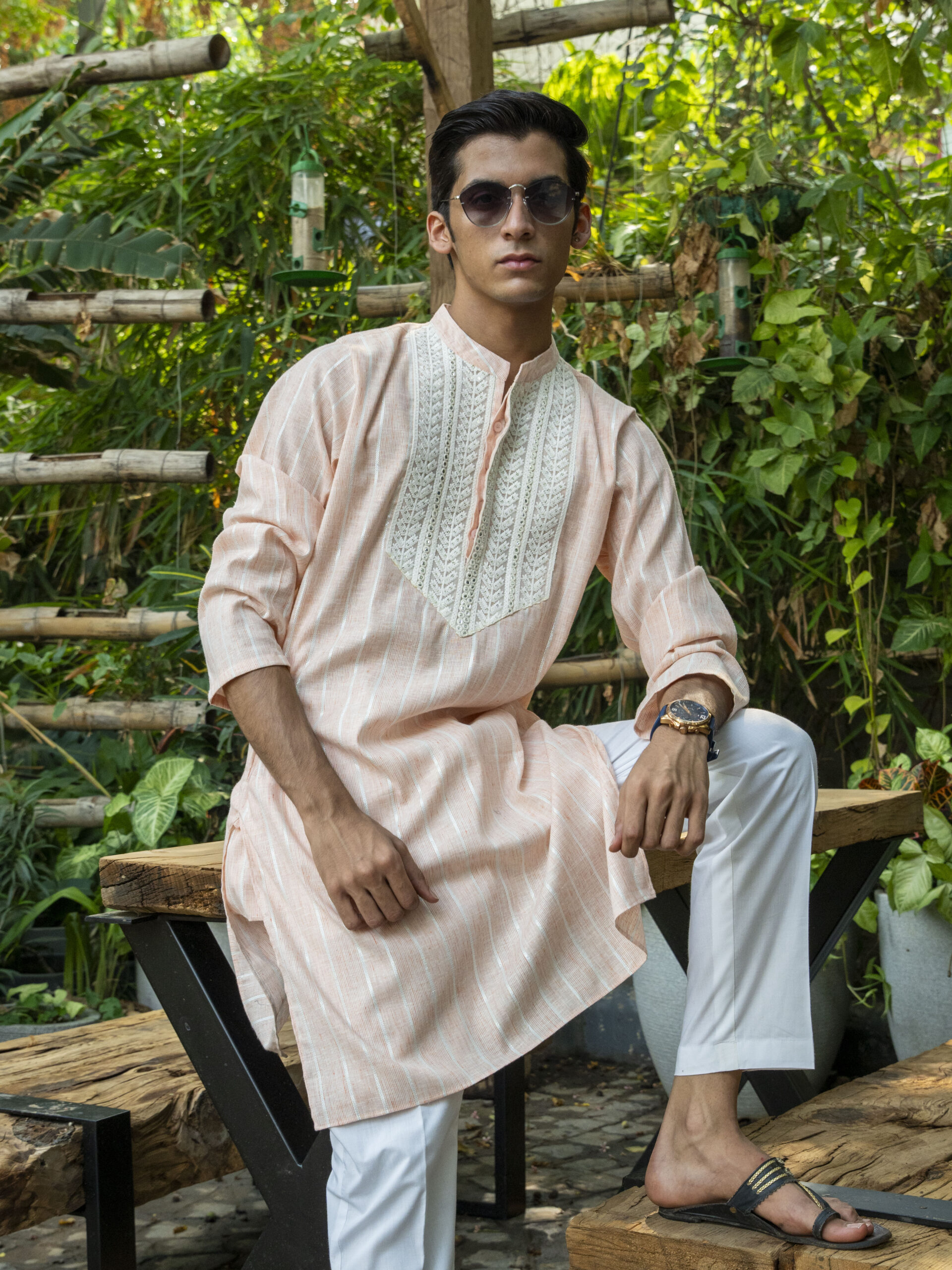 Pastel peach straight kurta with lace work -HSML-01